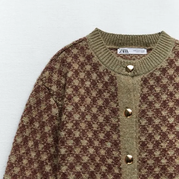 NWT ZARA PLAID CHECKERED KNIT CARDIGAN WITH GOLDEN BUTTONS L